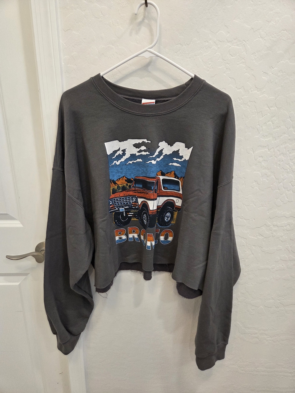 Junk Food Clothing Charcoal Bronco Graphic Cropped Sweatshirt